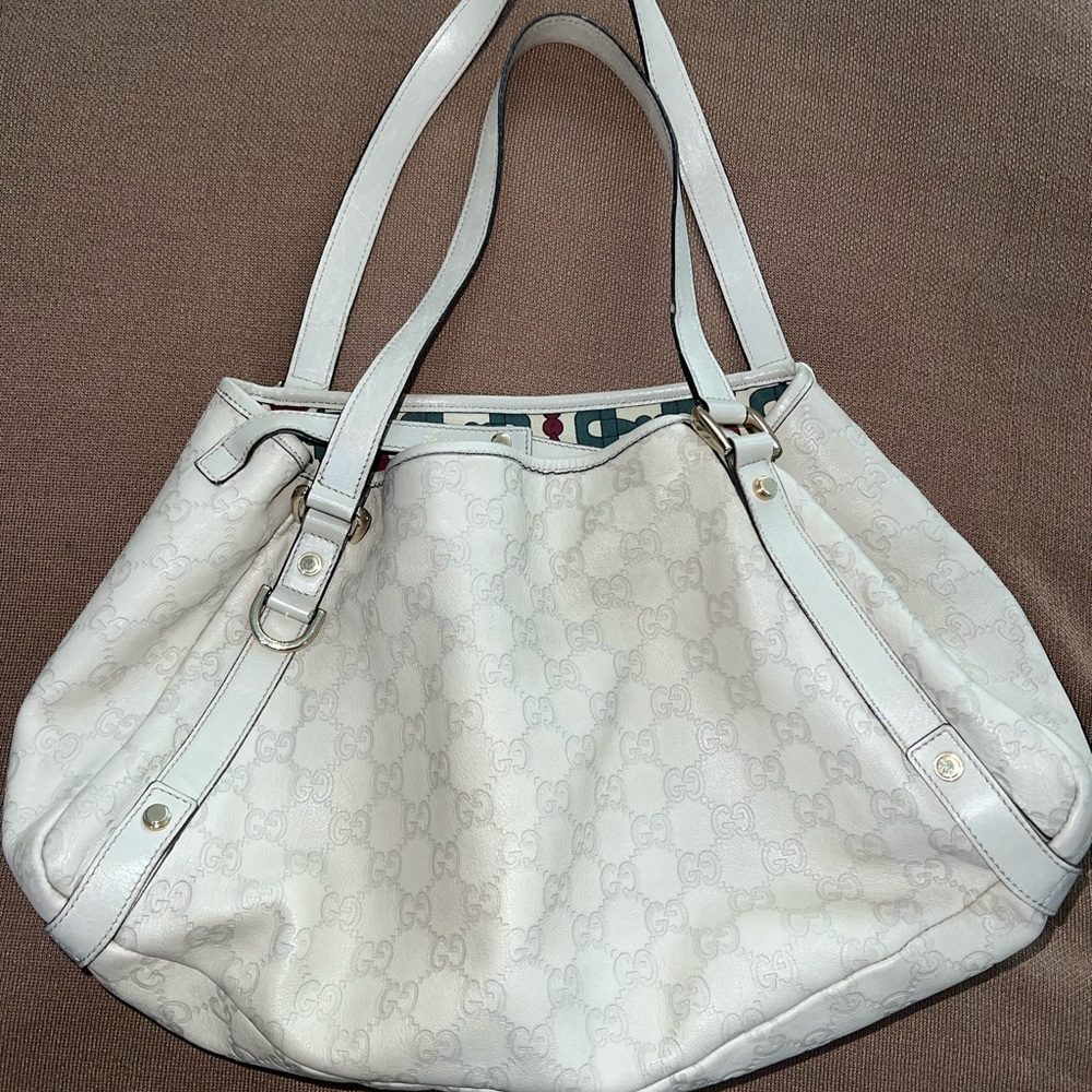 💯Authentic GUCCI Guccissima Abbey Shoulder Tote Bag GG Leather White/Cream
